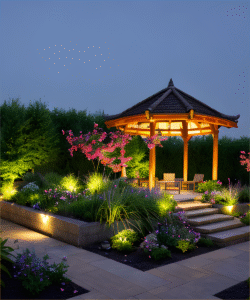 Outdoor lighting of a patio with a pavilion. 