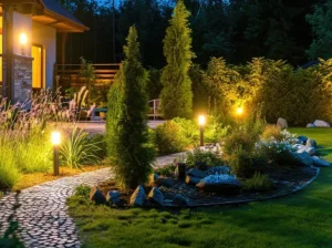 cobblestone-garden-path-illuminated-by-warm-bollard-lights