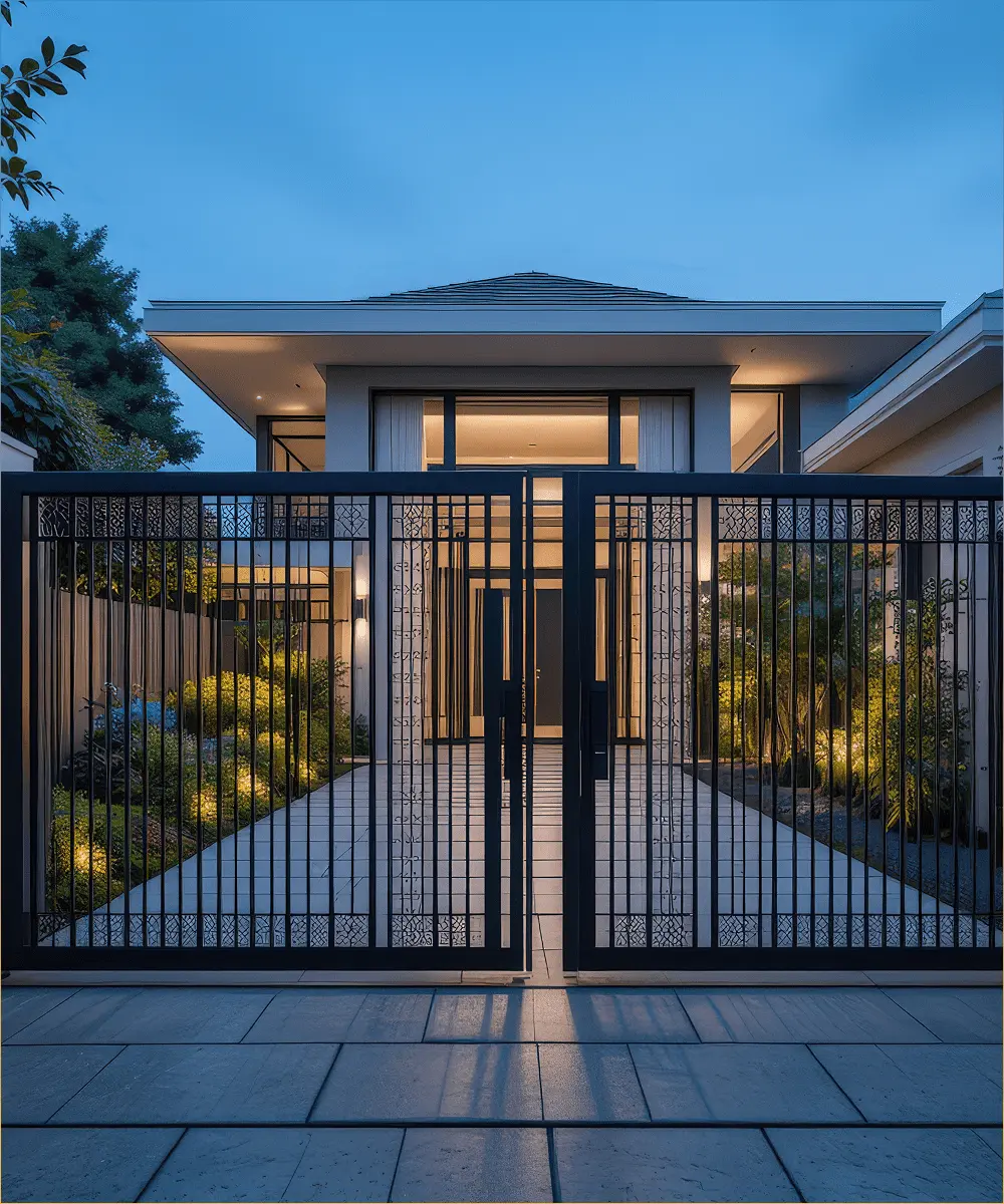 modern-florida-home-entryway-lighting-recessed-soffit-lights-with-landscaping-illumination-and-paved-driveway-behind-black-metal-gate