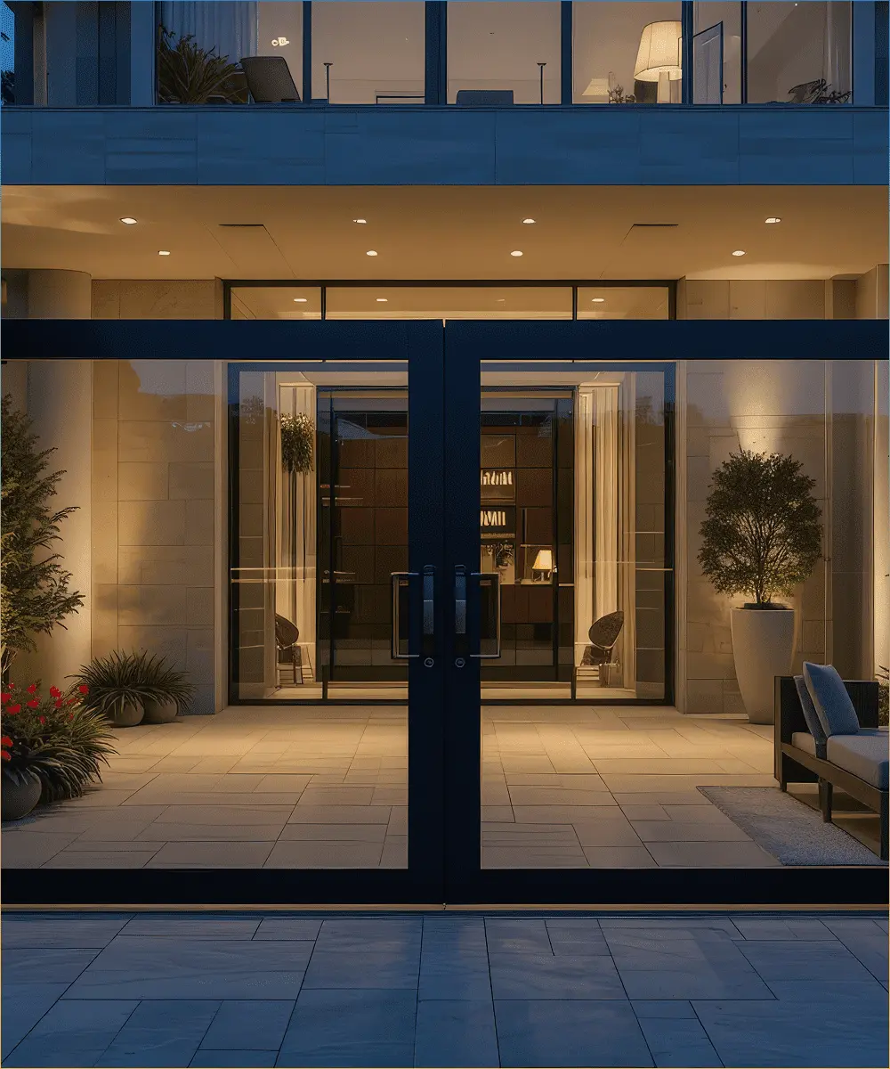 warm-exterior-entryway-lighting-with-recessed-ceiling-lights-illuminated-potted-plants-and-modern-glass-doors-on-a-stone-patio